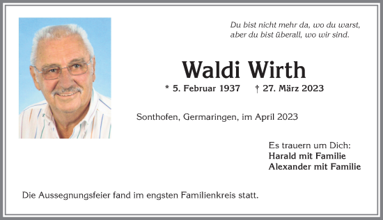 Traueranzeige von Waldi Wirth von Allgäuer Anzeigeblatt