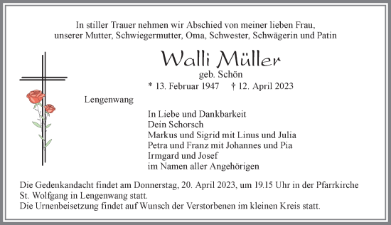 Traueranzeige von Walli Müller von Allgäuer Zeitung, Marktoberdorf