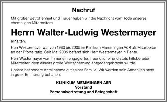 Traueranzeige von Walter-Ludwig Westermayer von Memminger Zeitung