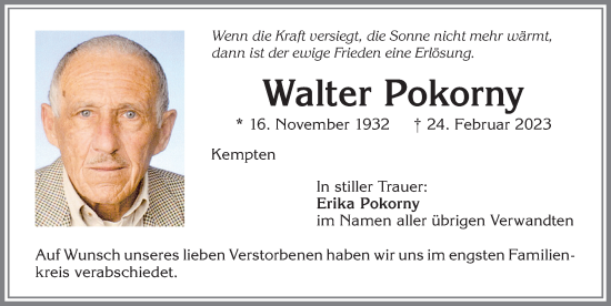 Traueranzeige von Walter Pokorny von Allgäuer Zeitung,Kempten