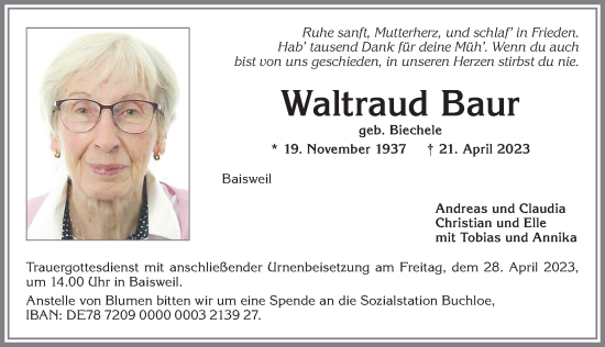 Traueranzeige von Waltraud Baur von Allgäuer Zeitung, Kaufbeuren/Buchloe