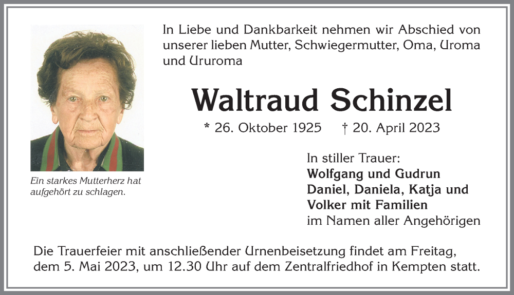  Traueranzeige für Waltraud Schinzel vom 29.04.2023 aus Allgäuer Zeitung,Kempten