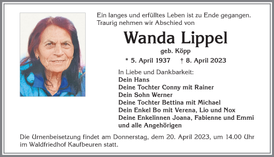 Traueranzeige von Wanda Lippel von Allgäuer Zeitung, Kaufbeuren/Buchloe