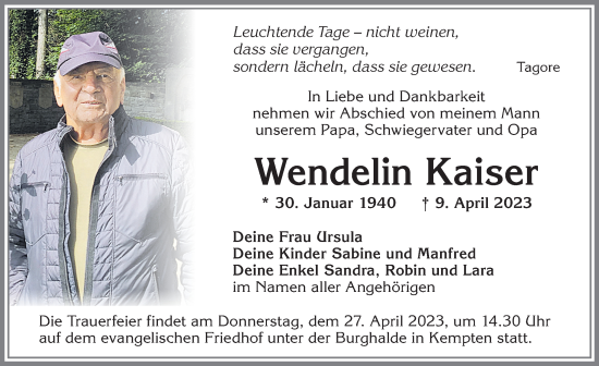 Traueranzeige von Wendelin Kaiser von Allgäuer Zeitung,Kempten