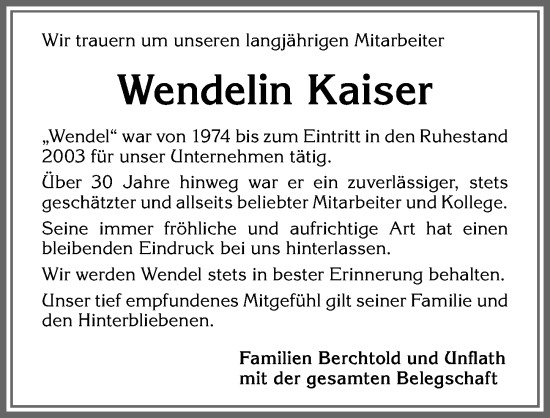 Traueranzeige von Wendelin Kaiser von Allgäuer Zeitung,Kempten