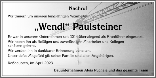 Traueranzeige von Wendl Paulsteiner von Allgäuer Zeitung, Füssen