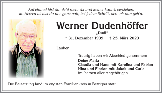 Traueranzeige von Werner Dudenhöffer von Allgäuer Zeitung,Kempten