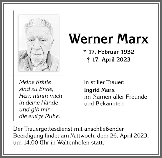 Traueranzeige von Werner Marx von Allgäuer Zeitung,Kempten