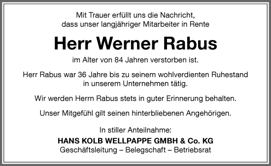 Traueranzeige von Werner Rabus von Memminger Zeitung