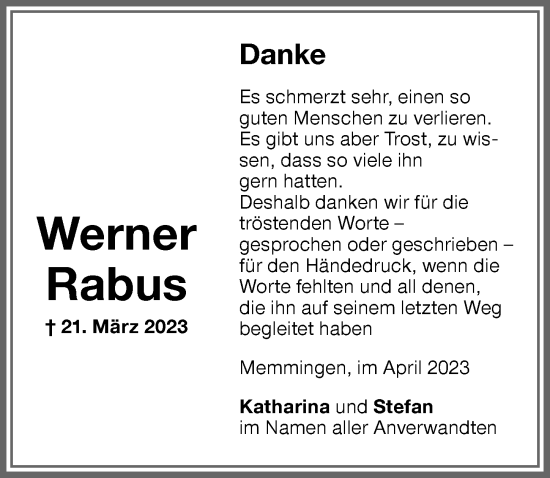 Traueranzeige von Werner Rabus von Memminger Zeitung