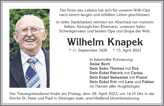 Traueranzeige von Wilhelm Knapek von Allgäuer Zeitung, Kaufbeuren/Buchloe