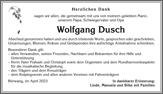 Traueranzeige von Wolfgang Dusch von Allgäuer Zeitung,Kempten