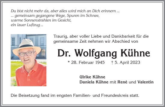 Traueranzeige von Wolfgang Kühne von Allgäuer Zeitung,Kempten