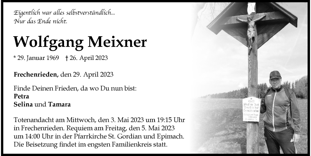  Traueranzeige für Wolfgang Meixner vom 29.04.2023 aus Memminger Zeitung