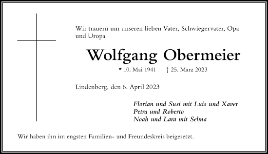 Traueranzeige von Wolfgang Obermeier von Der Westallgäuer