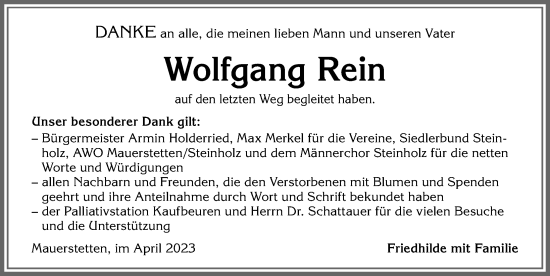 Traueranzeige von Wolfgang Rein von Allgäuer Zeitung, Kaufbeuren/Buchloe