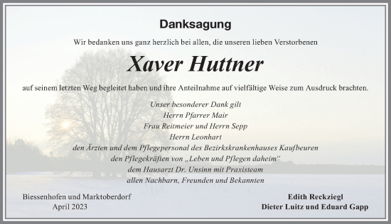Traueranzeige von Xaver Huttner von Allgäuer Zeitung, Marktoberdorf
