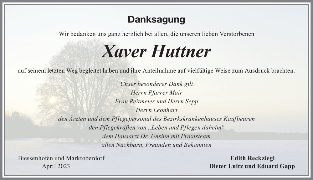  Traueranzeige für Xaver Huttner vom 08.04.2023 aus Allgäuer Zeitung, Marktoberdorf