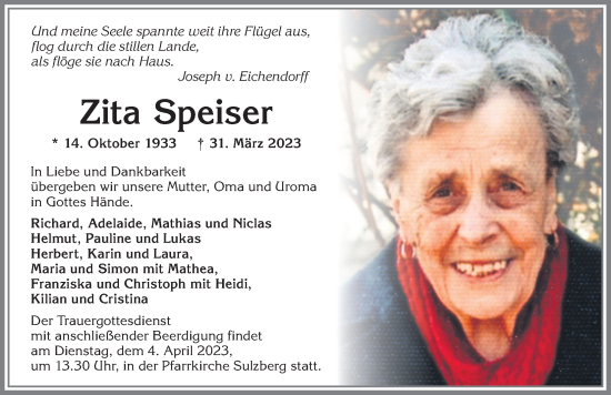 Traueranzeige von Zita Speiser von Allgäuer Zeitung,Kempten