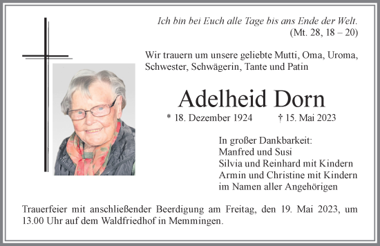 Traueranzeige von Adelheid Dorn von Memminger Zeitung