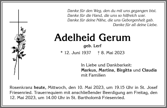Traueranzeige von Adelheid Gerum von Allgäuer Zeitung, Kaufbeuren/Buchloe