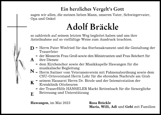 Traueranzeige von Adolf Bräckle von Memminger Zeitung