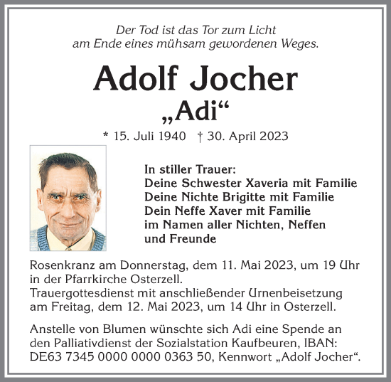 Traueranzeige von Adolf Jocher von Allgäuer Zeitung, Kaufbeuren/Buchloe