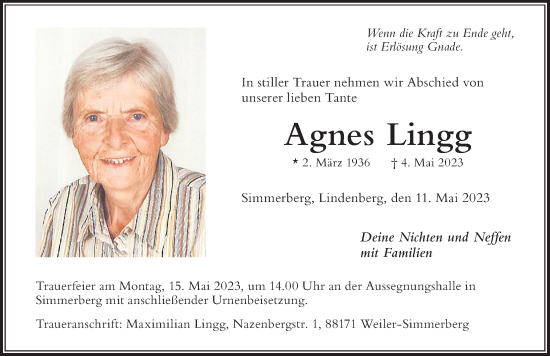 Traueranzeige von Agnes Lingg von Der Westallgäuer
