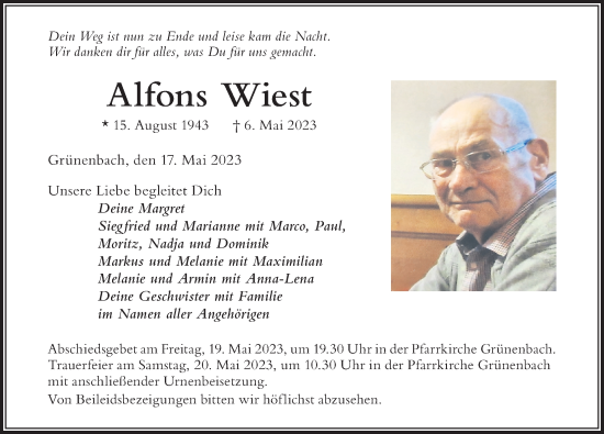 Traueranzeige von Alfons Wiest von Der Westallgäuer