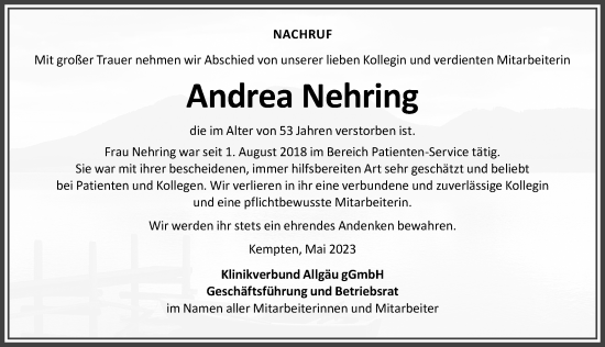 Traueranzeige von Andrea Nehring von Allgäuer Zeitung,Kempten