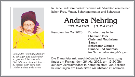 Traueranzeige von Andrea Nehring von Allgäuer Zeitung,Kempten
