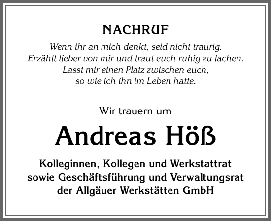 Traueranzeige von Andreas Höß von Allgäuer Anzeigeblatt