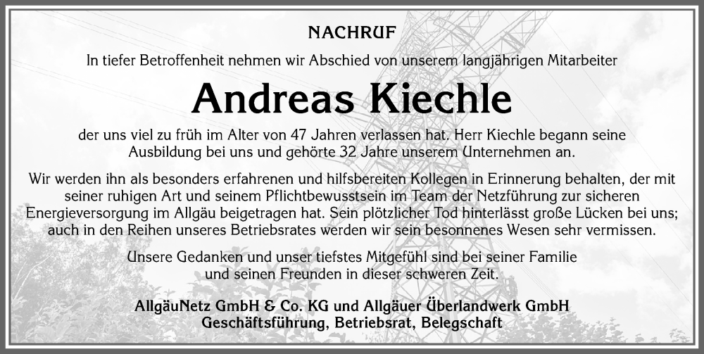  Traueranzeige für Andreas Kiechle vom 27.05.2023 aus Allgäuer Zeitung,Kempten