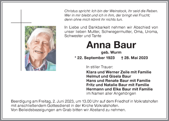 Traueranzeige von Anna Baur von Memminger Zeitung