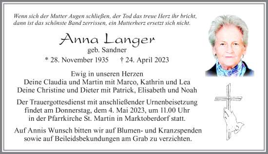 Traueranzeige von Anna Langer von Allgäuer Zeitung, Marktoberdorf