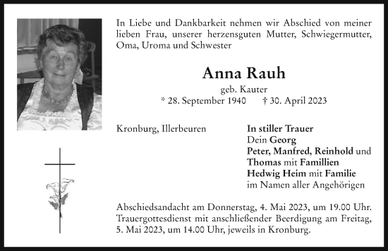 Traueranzeige von Anna Rauh von Memminger Zeitung