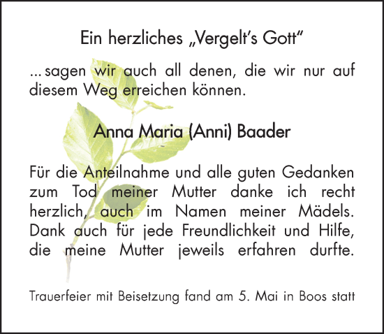 Traueranzeige von Anna Maria Baader von Memminger Zeitung