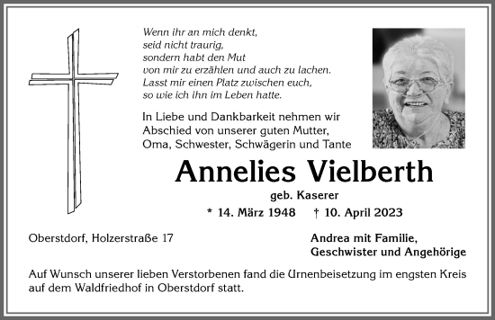 Traueranzeige von Annelies Vielberth von Allgäuer Anzeigeblatt