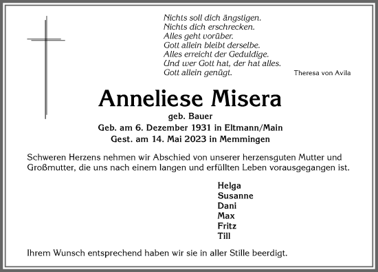 Traueranzeige von Anneliese Misera von Memminger Zeitung