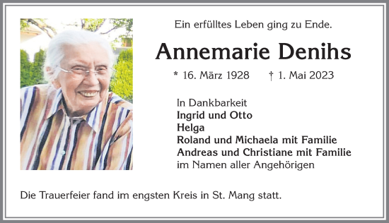 Traueranzeige von Annemarie Denihs von Allgäuer Zeitung,Kempten