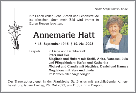 Traueranzeige von Annemarie Hatt von Allgäuer Anzeigeblatt