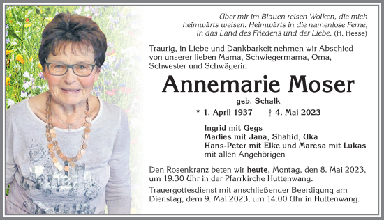 Traueranzeige von Annemarie Moser von Allgäuer Zeitung, Marktoberdorf