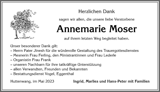 Traueranzeige von Annemarie Moser von Allgäuer Zeitung, Marktoberdorf