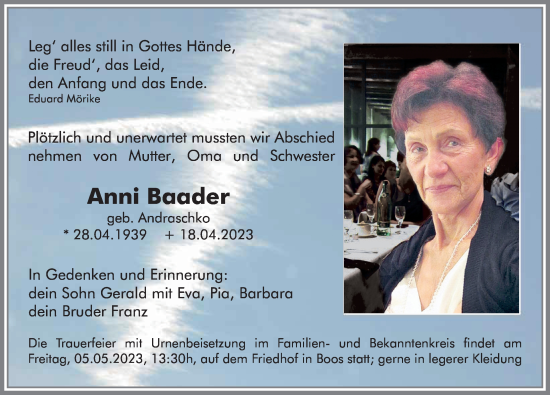 Traueranzeige von Anni Baader von Memminger Zeitung