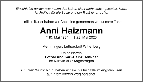 Traueranzeige von Anni Haizmann von Memminger Zeitung
