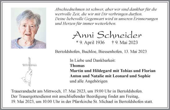 Traueranzeige von Anni Schneider von Allgäuer Zeitung, Marktoberdorf