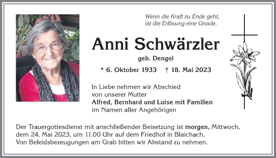 Traueranzeige von Anni Schwärzler von Allgäuer Anzeigeblatt