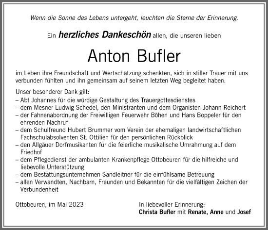 Traueranzeige von Anton Bufler von Memminger Zeitung