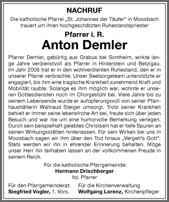 Traueranzeige von Anton Demler von Allgäuer Zeitung,Kempten