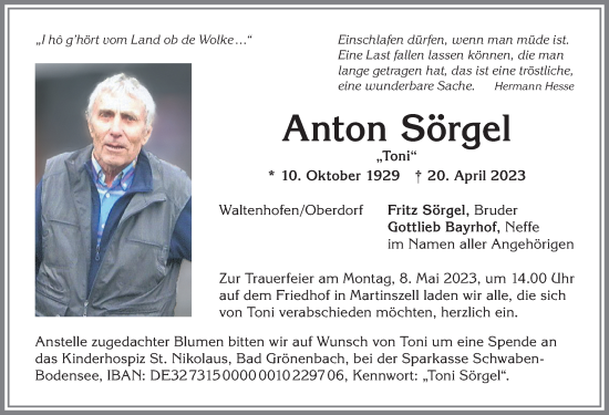 Traueranzeige von Anton Sörgel von Allgäuer Zeitung,Kempten